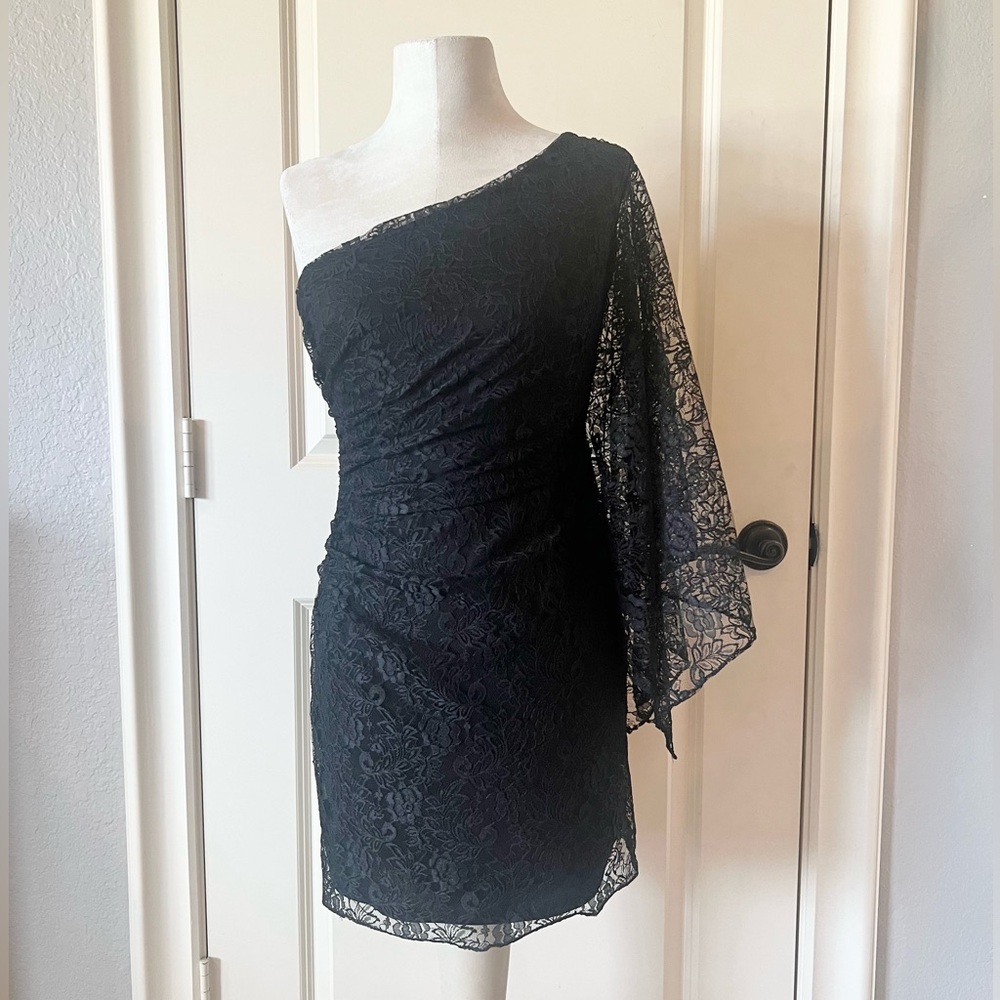 Hailey Logan Adrianna Papell Black Lace One Shoulder Cocktail Dress 5/6